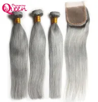 Grey Straight Hair Ombre Brazilian Virgin Human Hair Bundles Weave Extension 3 Pcs With 4x4 Lace Closure Gray Color Bleached Knot8776694