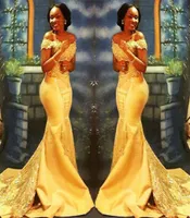 Vestidos de fiesta de Mermaid amarillo nigeriano africano 2022 Africanos Off Shoulder Lace Sequined Satin Evening Prom Gowns BA84058935815
