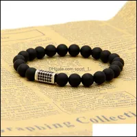 Tennis Wholesale Exquisite Micro Inlay Black Cz Rec With 8Mm Matte Agate Stone Beads Top Quality Bracelet Drop Delivery Jewelry Brace Dhsbt
