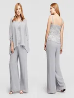 Mais recente 2016 Silver Chiffon e Lace Spaghetti Mãe de Bride Pant Suit