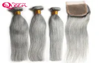 Grey Straight Hair Ombre Brazilian Virgin Human Hair Bundles Weave Extension 3 Pcs With 4x4 Lace Closure Gray Color Bleached Knot1294493