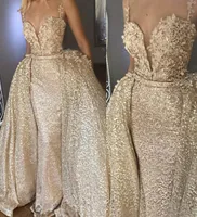 Glänsande guld abiye sjöjungfru långa aftonklänningar med löstagbar tåg blomma spets afton klänningar paljett sexig klänning formell rygglös 2 9934406