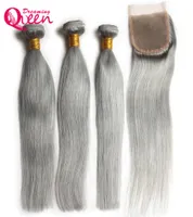 Grey Straight Hair Ombre Brazilian Virgin Human Hair Bundles Weave Extension 3 Pcs With 4x4 Lace Closure Gray Color Bleached Knot7657172