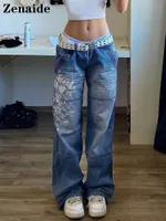 Jeans pour femmes zenaide gothique imprimé baggy y2k pantalon basse hauteur bleu vintage décontracté large jambe denim esthétique pantalon de cargaison noire 221117