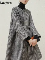 Women's Wool Blends Lautaro Autumn Winter Black and White Zigzag Woolen Coat Women Sashes A Line Loose Elegant Stylish Runway Korean Fashion 221117
