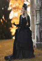 2022 Vintage Medieval Victorian Black Ball Gown Wedding Dresses For Women Gothic veck korsett br￶llopskl￤nningar med l￥ng￤rmad jack6928170