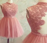 Vintage Blue Pink Short Homecoming Dress High Neck Spitze Mini -Prom -Kleider maßgeschneiderte Illusion Rücken Cocktail Party Kleider 20173575753