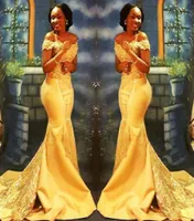 Vestidos de fiesta de Mermaid amarillo nigeriano africano 2022 Africanos Off Shoulder Lace Sequined Satin Evening Prom Vestidos BA84052085368