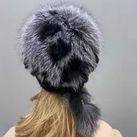 Beanies Natural Fur Bomber Hats for Women Winter Fluffy Stylish Knitted Mink Fur Hat With Fox Fur Pompom Ball Hat Snö Kvinnlig hatt J221110