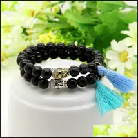 Charm Bracelets Design Großhandel 10pcs/Los 8mm natürlicher schwarzer Onyx Steinperlen Blau und Himmel Tassel Buddha Kopfpaar Armband Drop d Dhozq