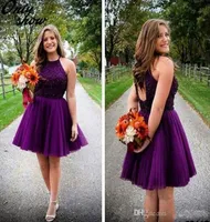 2016 New Purple Short Homecoming Dresses Halter Backless Beads Tulle Juniors Mini Prom Party Gowns Sweet 16 Cheap Plus Size Cockta2394580