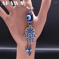 Keychains Lucky Hamsa Hand Key Chain For Women Men Turkish Blue Eyes Tassel Alloy Ring Muslim Amulet Jewelry Gift Ojo Turco KXH804S01