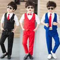 Roupas conjuntos de casamentos vestido de menino de menino de boa qualidade ternos escolares vermelhos/azul/preto gravata de calça de calca