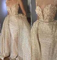 Glänsande guld abiye sjöjungfru långa aftonklänningar med löstagbar tåg blomma spets afton klänningar paljett sexig klänning formell rygglös 2 8594736