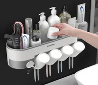 Badkameraccessoires Sets magnetische tandenborstelhouder met beker tandpasta dispenser toiletartikelen opslagrek tandpasta squeezer lj2