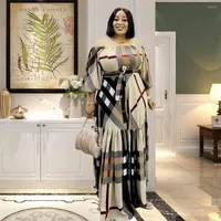 민족 의류 여성을위한 아프리카 드레스 2022 무슬림 체크 패턴 스퀘어 넥 보우 부로 전통 맥시 옷 나이지리아 긴 소매
