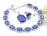LuckyShine Bride Weddings Jewelry Sets 3 Pcs 925 Silver Necklace Oval Swiss Blue Topaz Pendantds Bracelet Stud Earrings Sets9495725