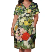Платья плюс размеры Винсент Ван Гог повседневное платье Женщина Букет из цветов ретро лето с коротким рукавом принт 5xl