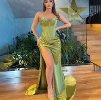 Olive Green Mermaid Prom Dresses Sexy Sweetheart Appliques Beads High Side Slit Pleats Long Satin Evening Party Gowns Arabic Vestidos
