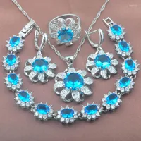 Kolye küpeleri Set Kadınlar Gökyüzü Mavisi Zirkonya 925 Gümüş Çiçek Jewelry Kolye Yüzükler Bilezik YZ0349