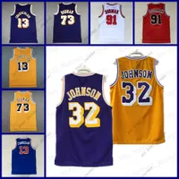 Basketball jerseys Men Vintage basketbal Retro Dennis Rodman Jersey Jerry West Wilt Chamberlain 13 Johnson 32 Geel Purple White Blue Stit