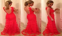 Imagen real Vestidos de Baile Appliques Corta los vestidos de fiesta de encaje rojo sin retroceso 2015 ELIE SAAB Long Mermaid Evening Gowns 4792358
