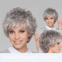 Kvinnors peruker korta lockiga ffy lutade lugg på toppen av huvudet grå vit hög temperatur silkeshår