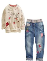 Девочная одежда набор весенняя осенняя мода 2pcs 16y Kids Oneck Tshirt Jeans Clothing Set8859747