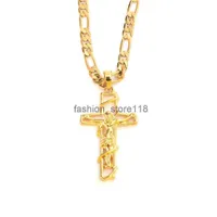 F Gold G Cross Wiselant Jesus Crucifix Ramka włoska włoska łańcuch Figaro Link Naszyjnik 9 K Solid Fine Yellow Thai Baht200D