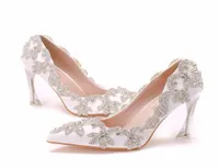 أحذية زفاف جلدية بيضاء من البلورات المذهلة للعروس مدببة إصبع القدم 9 سم عالية الكعب عالي الجوية مضخات مسائية أنيقة أنيقة 15777021