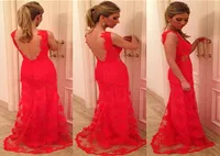 Imagen real Vestidos de Baile Appliques Corta los vestidos de fiesta de encaje rojo sin retroceso 2015 ELIE SAAB Long Mermaid Evening Gowns 7299446