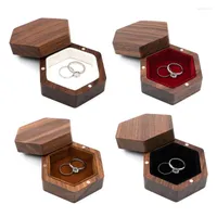 Jewelry Pouches Black Walnut Wooden Engagement Ring Box Solid Wood Hexagon Shaped Organizer For Proposal Wedding Ceremony Gift