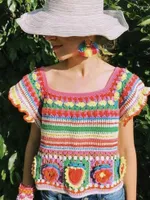 Women's Blouses Boho Inspired Crochet Top Knitted Blouse Women Short Sleeve Square Neck Beach Tops Summer For Party