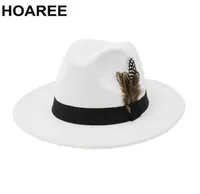 Hoaree White Wool Vintage Trilby Weed Fedora Hat с перьевыми женщинами, мужски для мужчин, широкие, мужские женские, женские, джазовые, Q08054676741