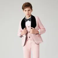 Men&#039;s Suits Pink Jacquard Three Pieces Boy&#39;s Blazers Black Velvet Shawl Lapel Kid Clothing Children Formal Wear With Jackets Vest And