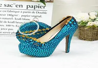 Blue Crystal Wedding Swed Shoes с наборами сумок Fashion Women039S Круглые насосы высокие насосы на каблуках туфли для вечеринок с подходящими сумками7989999