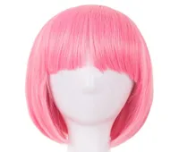 Synthetische Perücken rosa Perücke Feishow Hitzebeständig kurzes, welliges Haar Peruca Pelucas Kostüm Cartoon Rolle Bob Student Hairpiece2579634