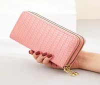 Fashion woven leather money bag for women large capacity Double zipper clutch wallet ladies coin purse passport Card Holder