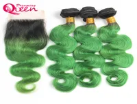 1B Emerald Green Body Wave Hair Ombre Brazilian Virgin Human Hair Extensions 3 Bundles With 4x4 Lace Closure Natural Hairline