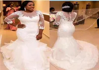 بالإضافة إلى حجم Mermaid Lace Wedding Dresses 2019 New 34 Long Sleeves African Wedding Deters Courtl Train Tulle Tulle Sheer Gow6290162
