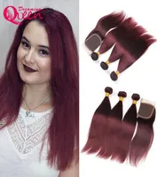 99J Burgundy Ombre Color Brazilian Virgin Human Straight Hair Weave 3 Bundles With 4x4 Lace Closure Preplucked Bleached Knots