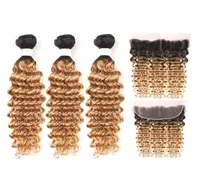 Deep Wave Ombre 1B27 Remy Human Hair Bundles With Lace Frontal Closure 13X4