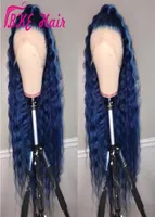 Venda 360 Lace Frontal Longo Water Wig Wig Blue Dark Color Synthetic Lace Front Wig com perucas de cabelo de bebê pré -plcuked para Women2854341