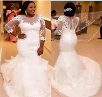 بالإضافة إلى حجم Mermaid Lace Wedding Dresses 2019 New 34 Long Sleeves African Wedding Deters Courtl Train Tulle Tulle Sheer Gow7348741