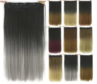 24quot Long Straight Black to Gray Natural Color Women Ombre Hair High Tempreture Synthetic Hairpiece Clip in Hair Extensions4021322