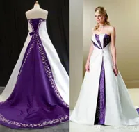 2021 White and purple Embroidery Wedding Dresses Classic Rustic Bridal Gowns Unique Plus Size Wedding Gown Sweep Train Mariage Wea8721383