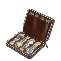 Cuir ￠ fermeture ￩clair brun luxueux 8 Bo￮te de montre sport Storage portable Portable Bo￮te d'emballage Bo￮te de rangement Montres Zipper Bag322V