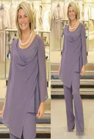 Elegante Pastel Purple Mother of the Bride Suits calças de mangas compridas Scoop neclk ruched chiffon contas personalizadas feitas plus size noite4142467