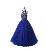 Girls Pageant Robes Taille 10 Royal Blue Tulle Aline Halter perle Real Pictures Long Longueur Kids Flower Girl Girl Gowns 26242007