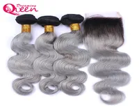 1B Grey Ombre Brazilian Virgin Human Hair Bundles 3 Pcs Gray With 4x4 Lace Closure With Baby Hair Bleached Knots Body Wave Hair